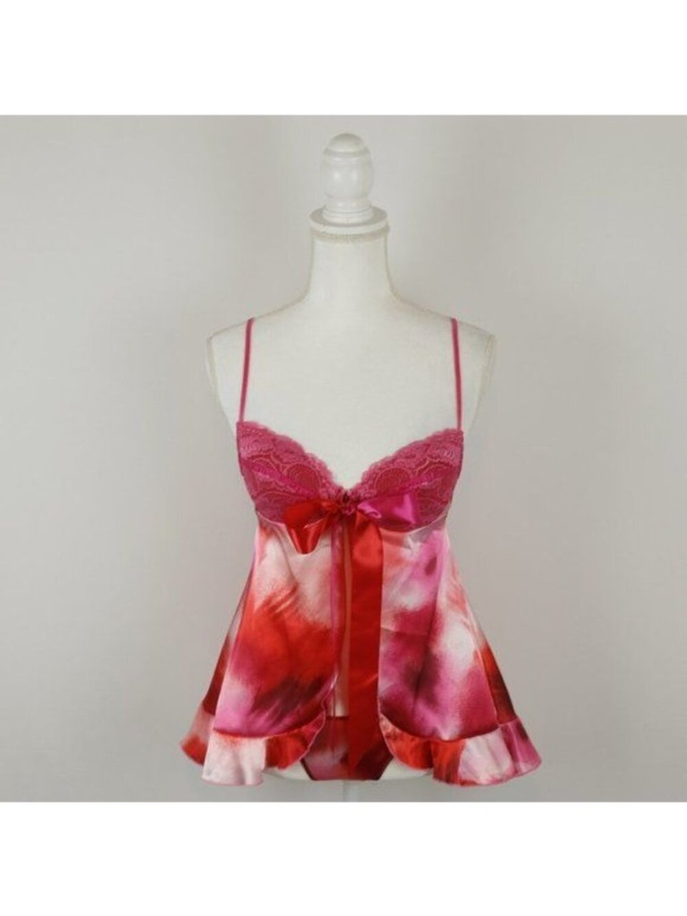 Shirley of Hollywood Women's Small Pink Red Satin 2 Piece Lingerie Set